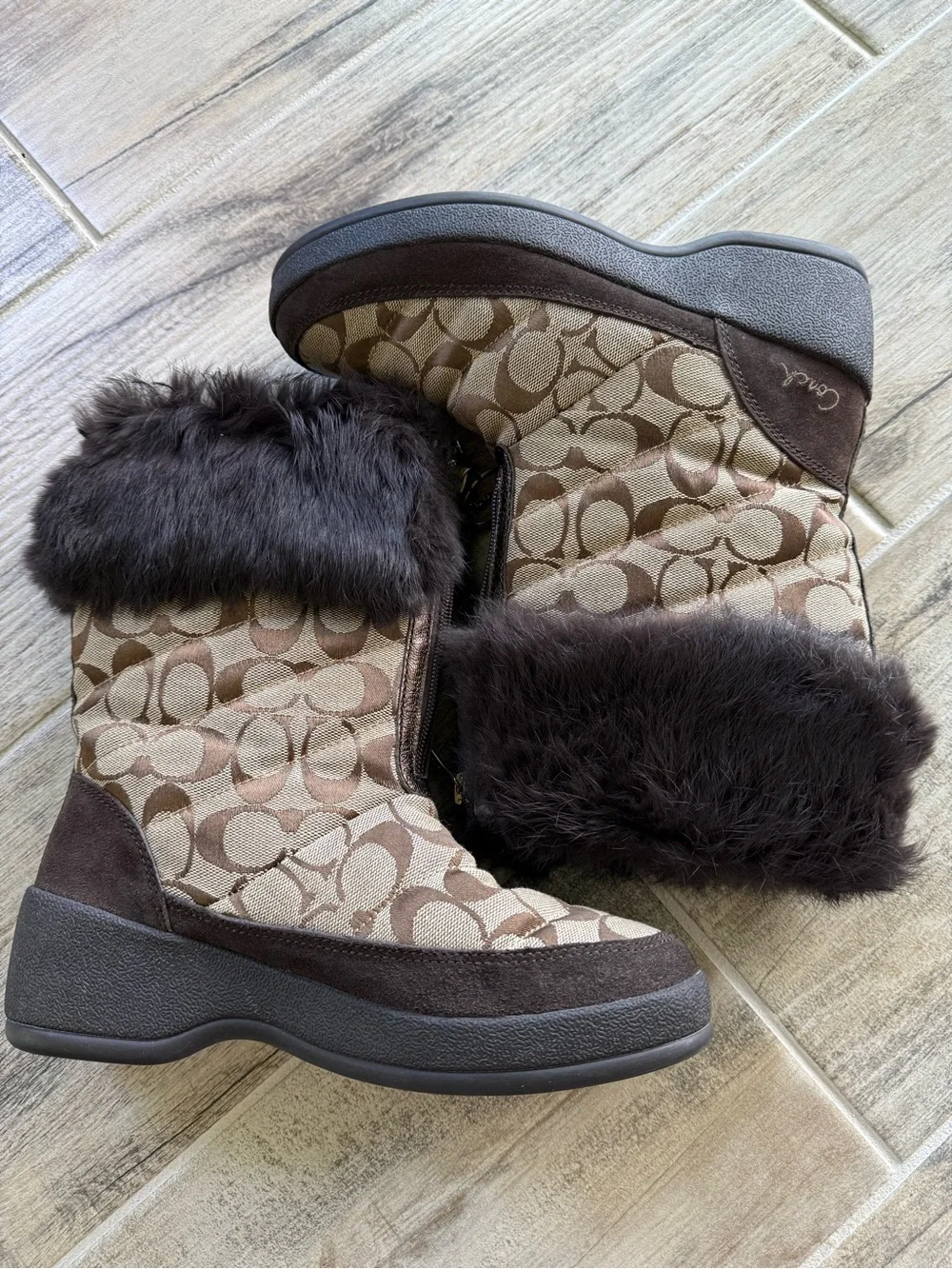 Coach “Faith” Logo Jacquard Rabbit-Fur Trim Winter Boots size 6.5